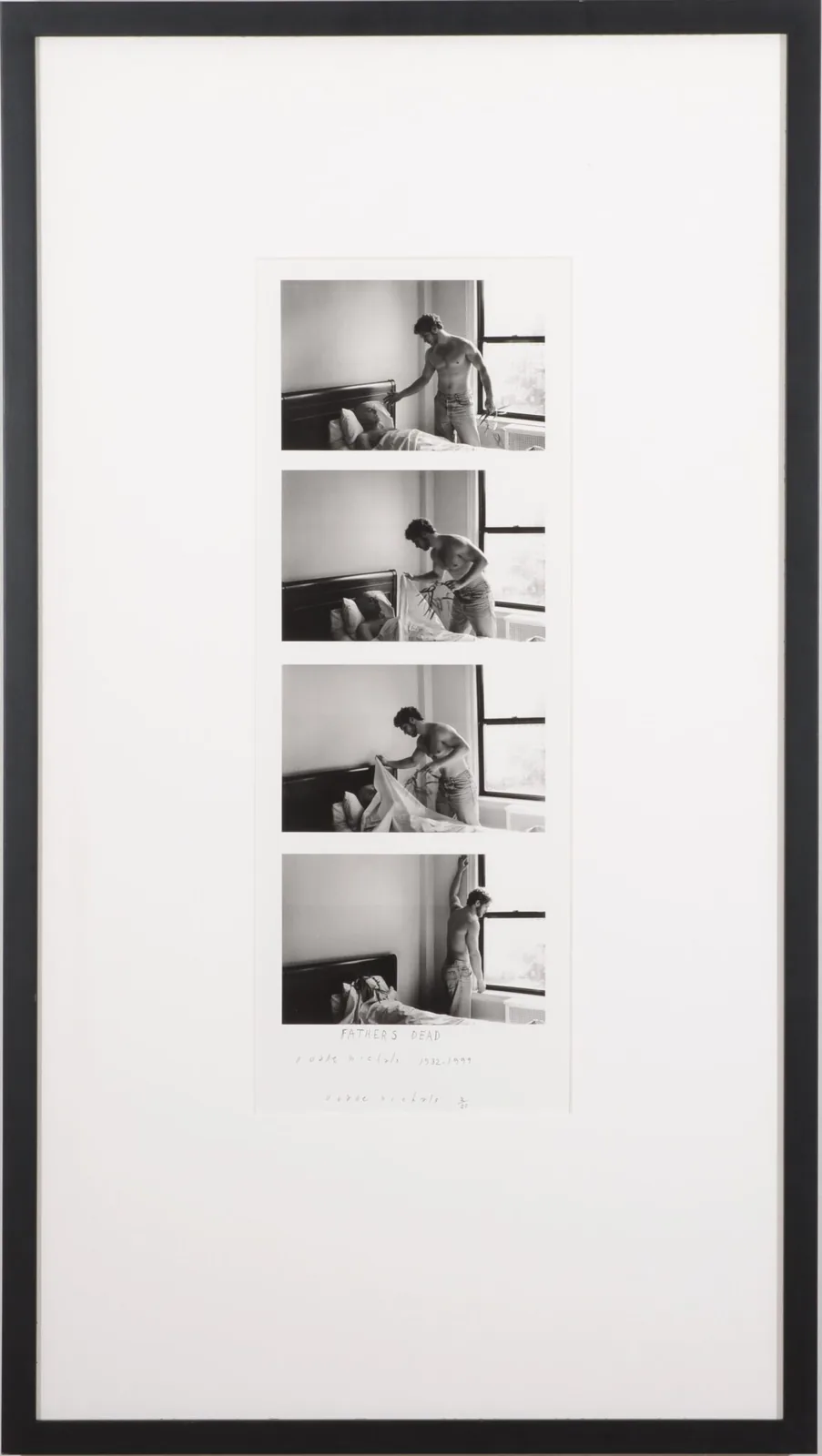 Duane Michals, Father’s Dead, 1999. Gelatin silver print Image: 7 ½ x 19 ½ inches Frame: 18 x 32 Edition 2 of 25 Signature, date and edition on front