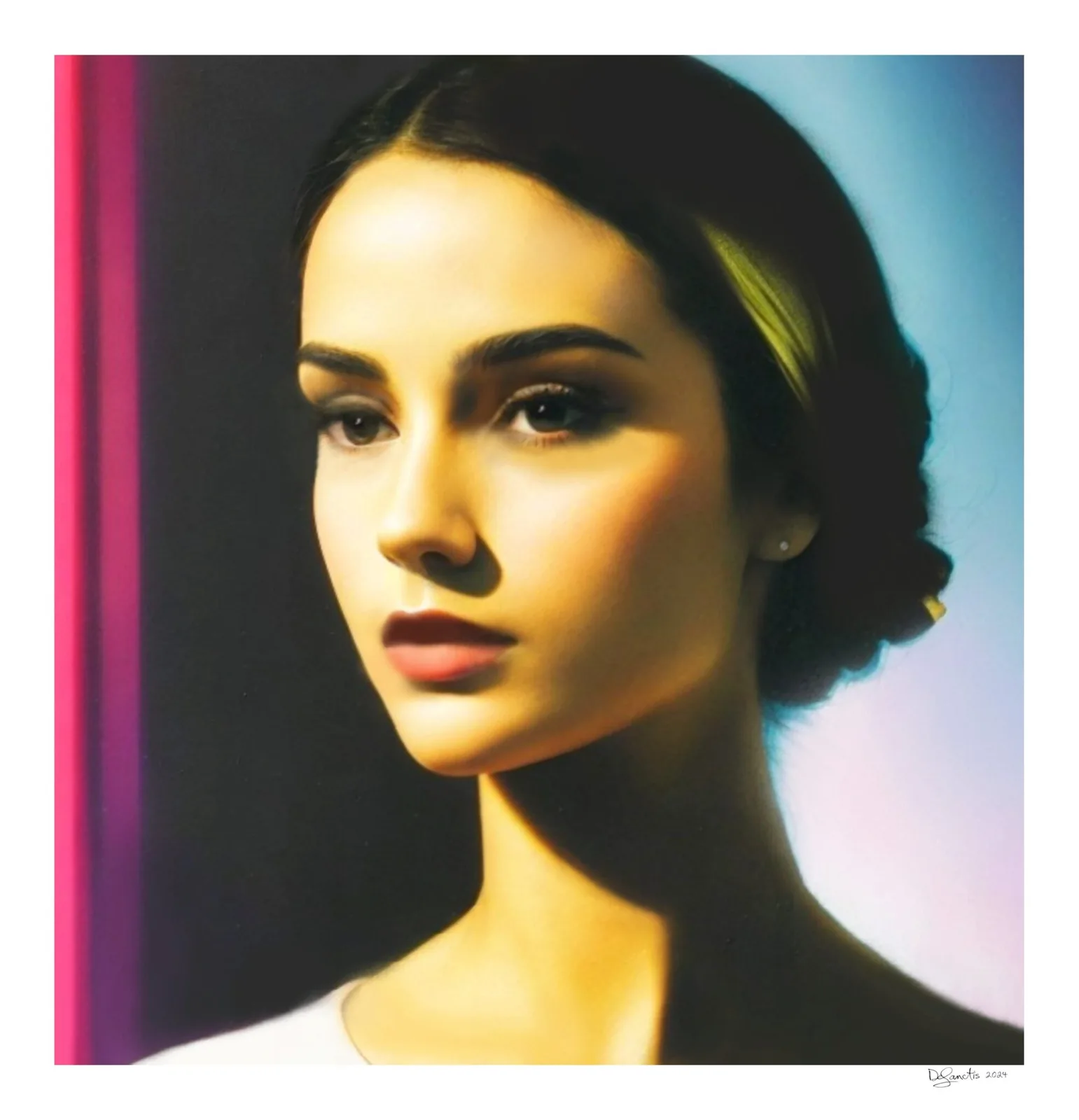 Gene DeSanctis, Portrait With Yellow Satin Headband, 2nd Version, 2024. Giclée Prints Image: 17×17.6 inches Edition of 25 Signature and year in front