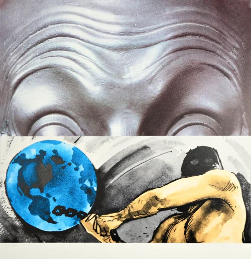 John Baldessari - Raised Eyebrows/Furrowed Foreheads: Figure with Globe
